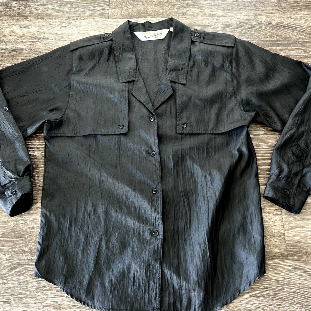 Vintage DVF Black Utility Blouse Size 10 Petite Button Down Top Y2K‎ Minimalist - Picture 6 of 16